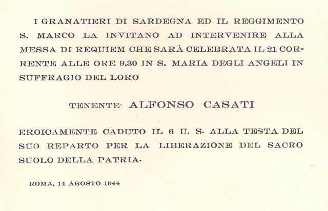 Biglietto Messa da Requiem per Ten. Alfonso Casati - 1944