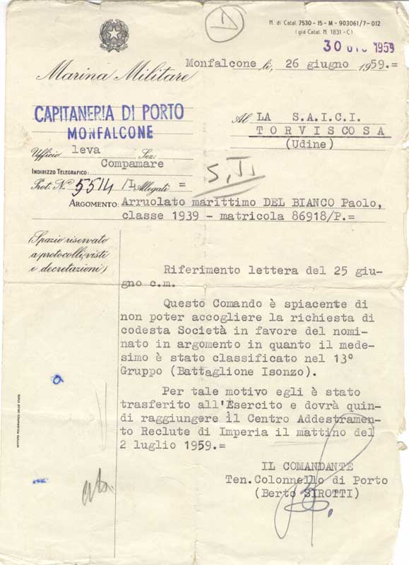 Lettera della Capitaneria di Porto alla società SAICI di Torviscosa
